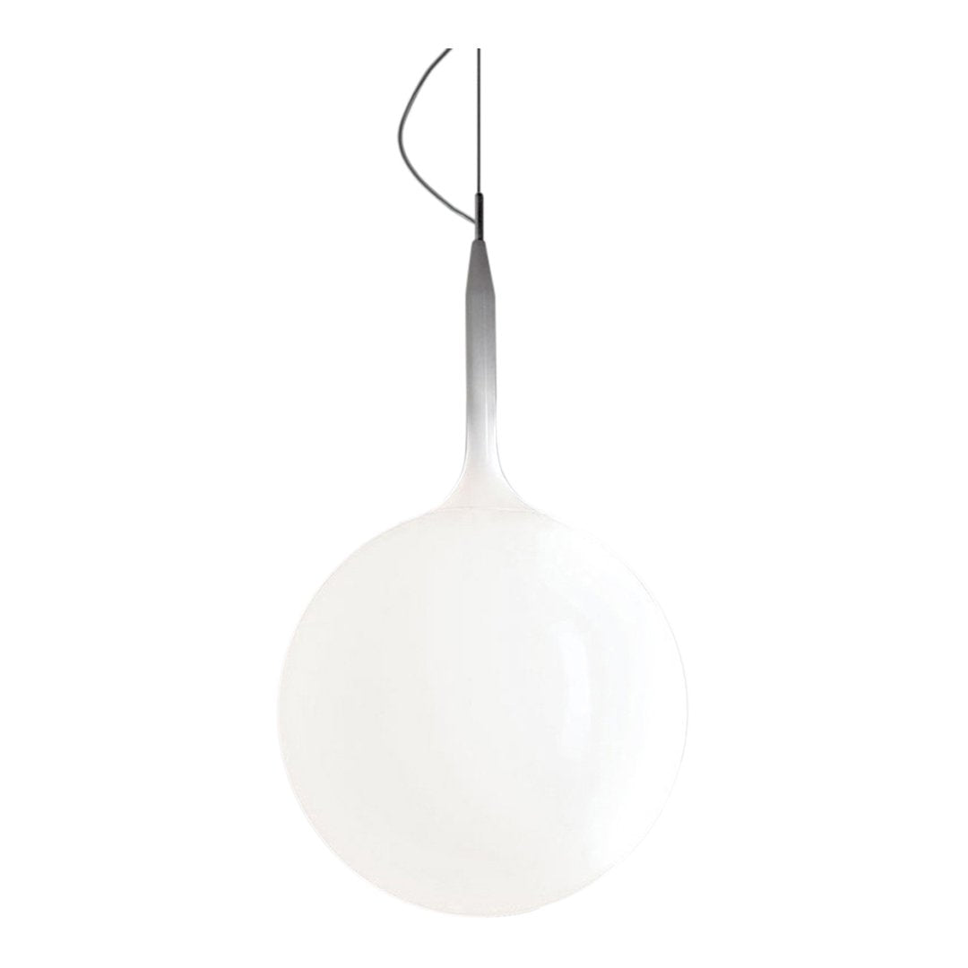 White globe pendant light with a sleek gradient design and silver accents, perfect for modern decor.