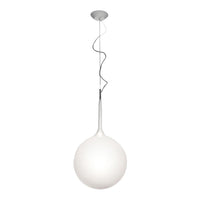 Sleek white glass pendant lamp with a smooth, round shape and a minimalist silver wire design. Perfect for modern decor.