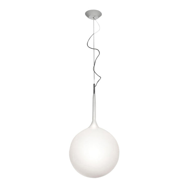 Sleek white glass pendant lamp with a smooth, round shape and a minimalist silver wire design. Perfect for modern decor.