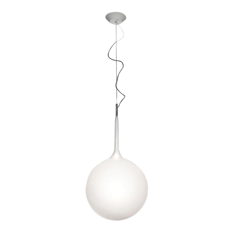 Sleek white glass pendant lamp with a smooth, round shape and a minimalist silver wire design. Perfect for modern decor.