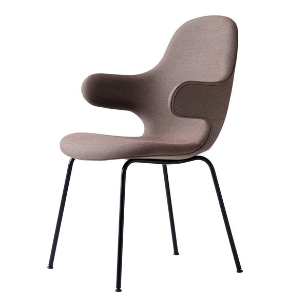 Modern taupe chair with a sleek black base, featuring a minimalist design and smooth, curved lines.