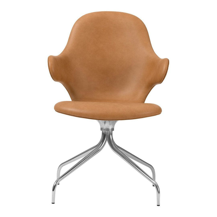Tan upholstered chair with a smooth finish and chrome legs, featuring a sleek, modern design.