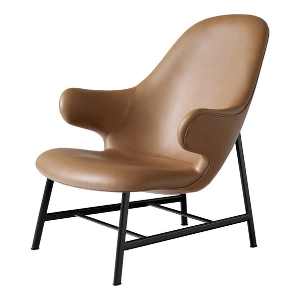Tan leather chair with smooth, sleek curves and a black metal frame. Elegant minimalist design perfect for modern decor.