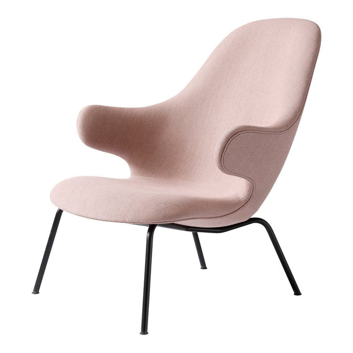 Soft pink lounge chair with a minimalist design, featuring smooth curves and black metal legs. Ideal for modern decor.