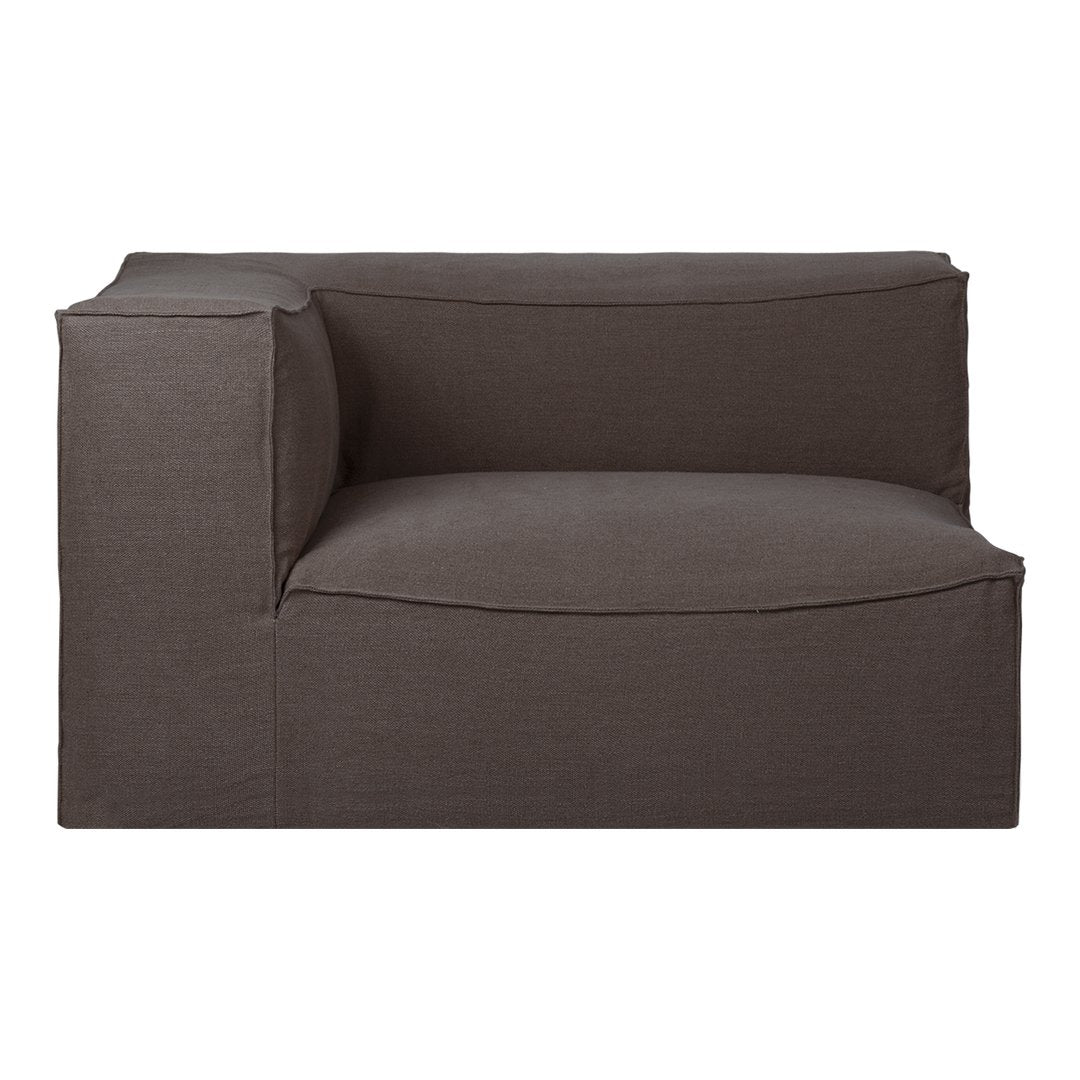 Dark brown upholstered sofa with a minimalist design and smooth, solid fabric texture.