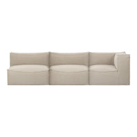 Beige modular sofa with a smooth fabric texture and curved cushions, perfect for modern living spaces.