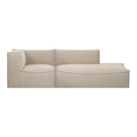 Beige sectional sofa with a modern, minimalist design and smooth texture, perfect for contemporary living spaces.