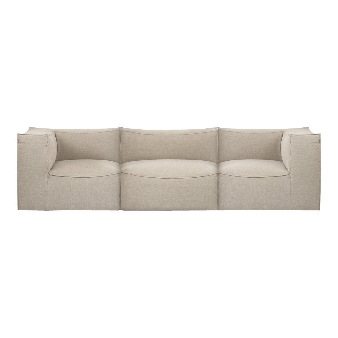 Beige contemporary sofa with smooth, clean lines and a minimalist design, featuring a textured fabric upholstery.