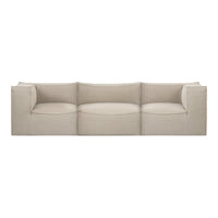 Beige contemporary sofa with smooth, clean lines and a minimalist design, featuring a textured fabric upholstery.