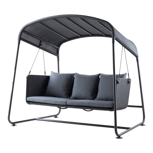 Stylish outdoor swing in sleek charcoal gray with smooth textures and plush, dark cushions for comfort.