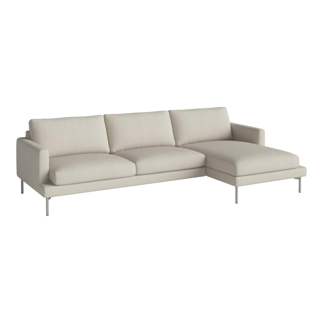 Beige fabric sofa with clean lines and a modern design, featuring a light gray accent for a minimalist look.