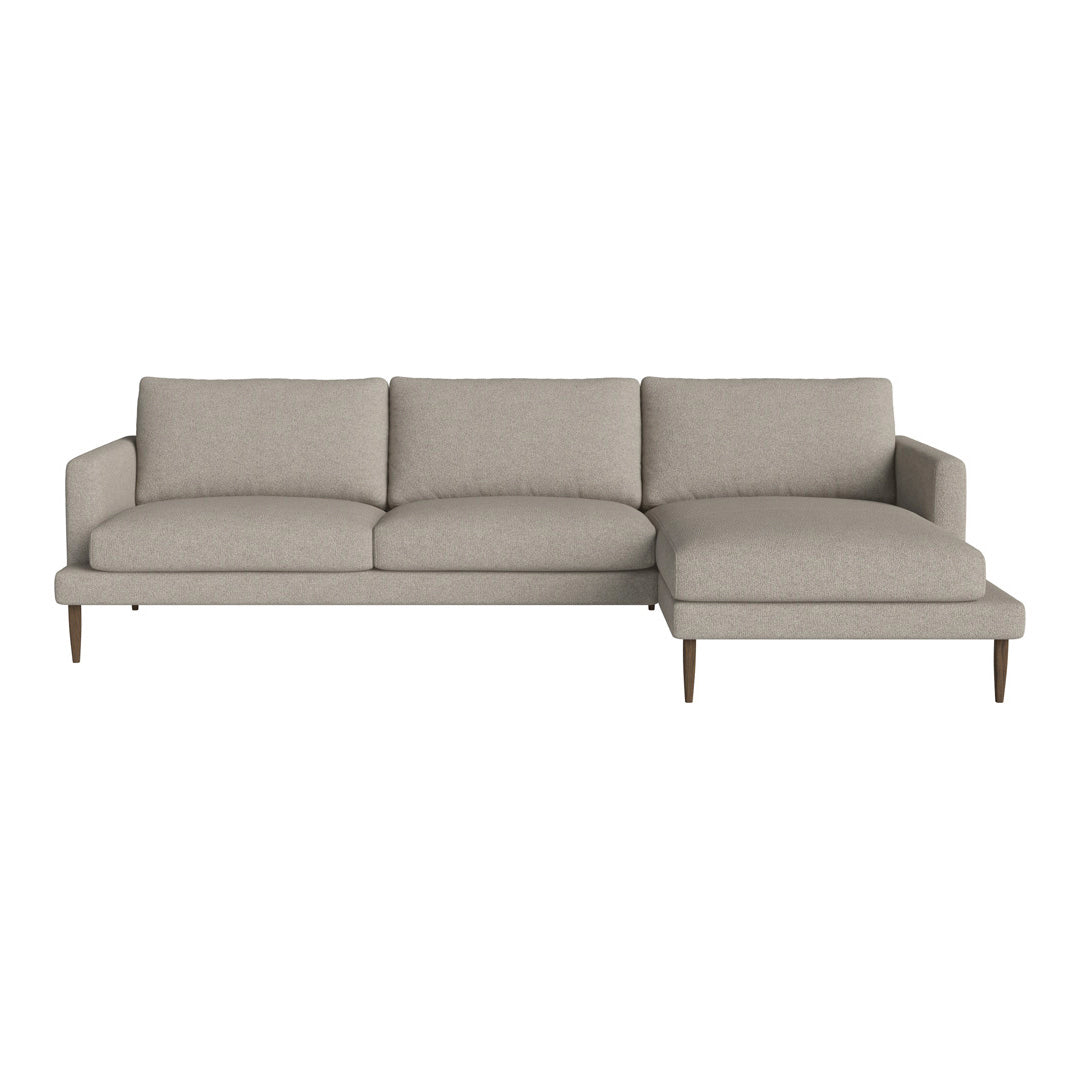 Light gray sectional sofa with clean lines and subtle texture, featuring a modern design and wooden legs.