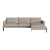 Light gray sectional sofa with clean lines and subtle texture, featuring a modern design and wooden legs.