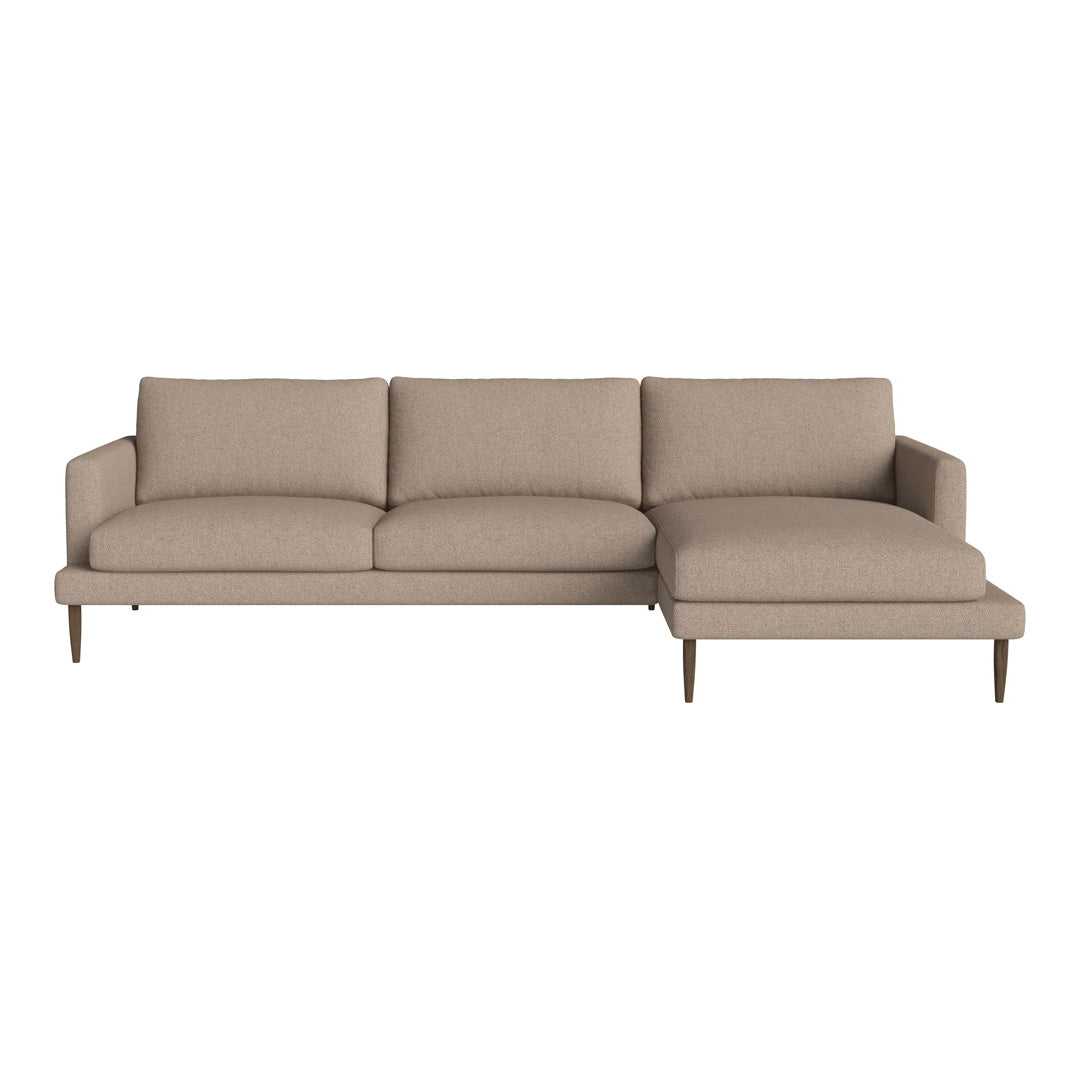 Beige sectional sofa with clean lines and textured fabric, featuring a modern design and wooden legs. Perfect for stylish spaces.