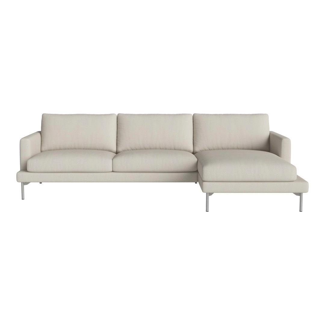 Light beige sectional sofa with clean lines and a sleek fabric pattern, featuring a minimalist modern design.