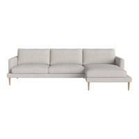 Light gray fabric sofa with a clean design and wooden legs, featuring a contemporary, minimalist aesthetic.