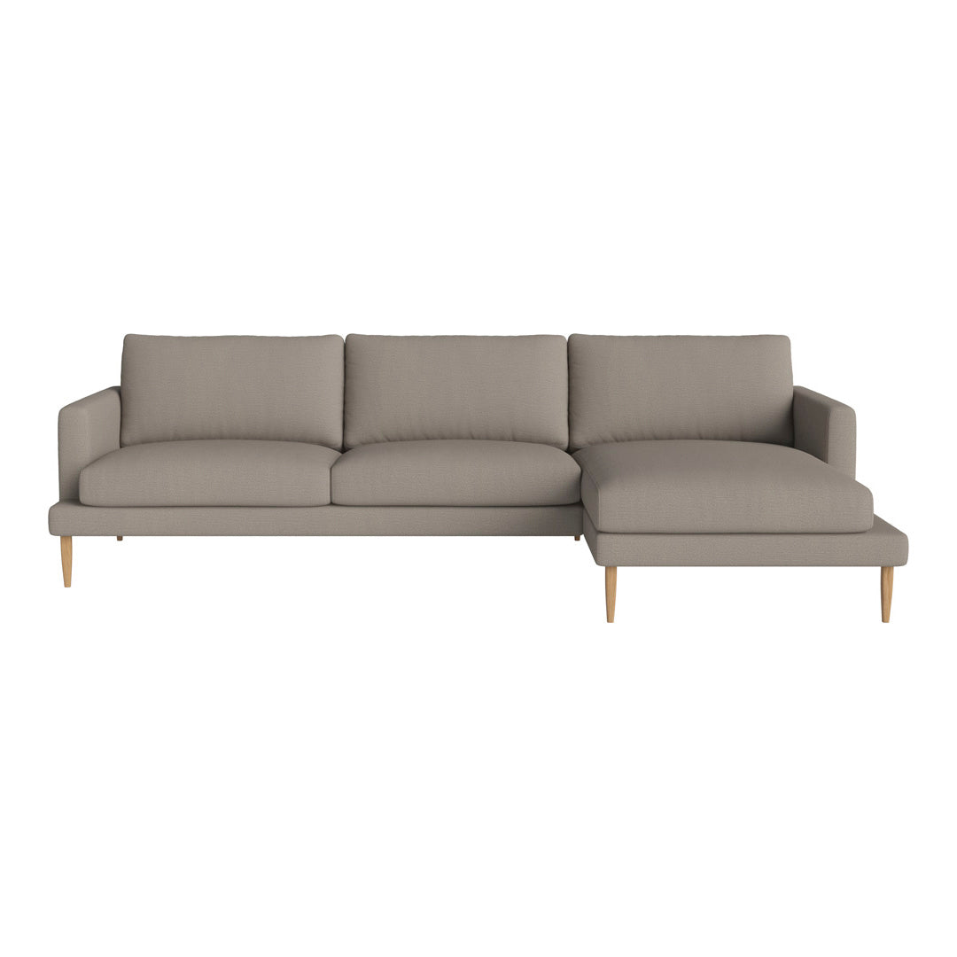 Light gray sectional sofa with clean lines and wooden legs, featuring a textured fabric and minimalist design.