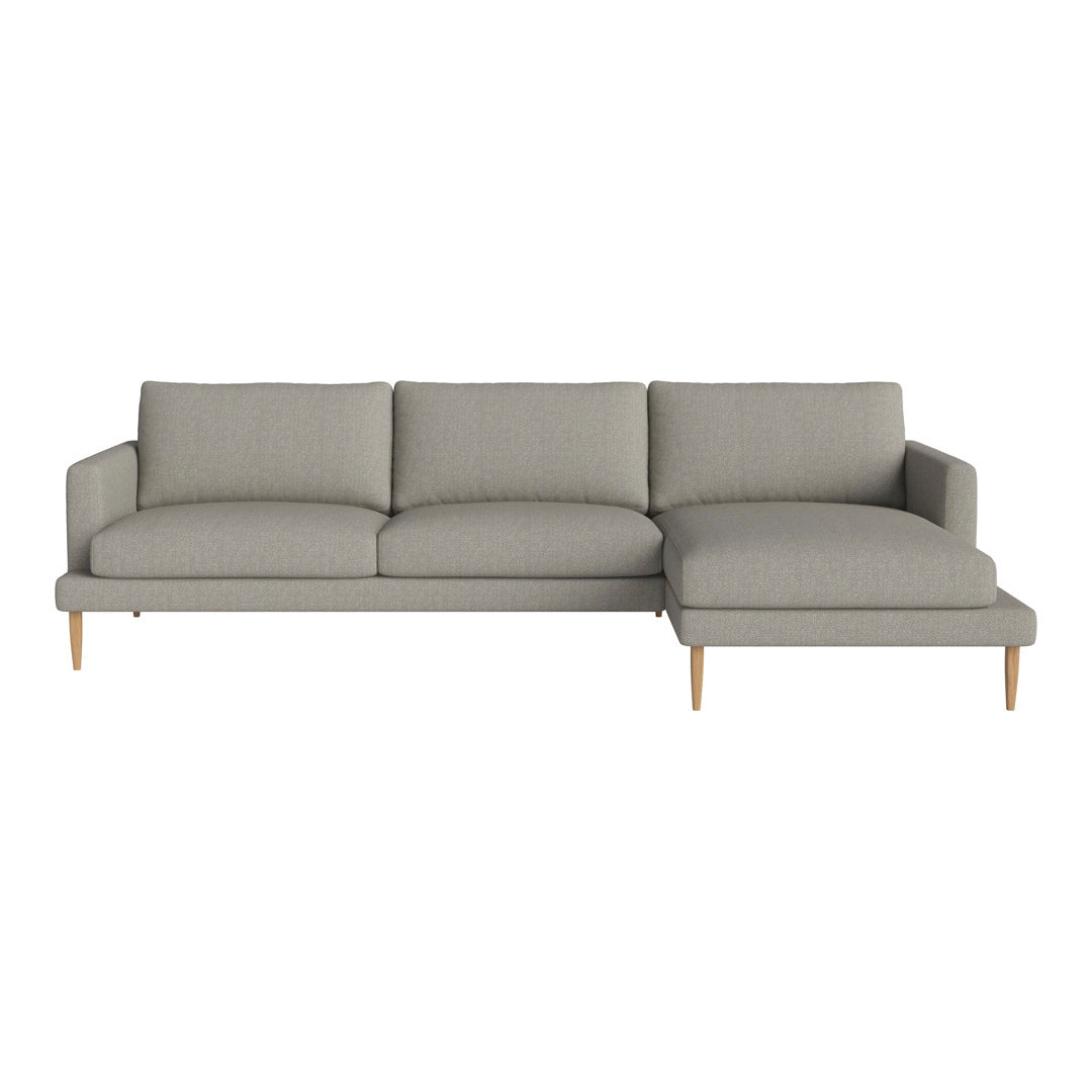 Light gray upholstered sofa with a smooth texture and minimalist design, featuring clean lines and wooden legs.