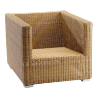 Brown wicker armchair featuring a textured, woven pattern for a natural, stylish look. Perfect for outdoor spaces.