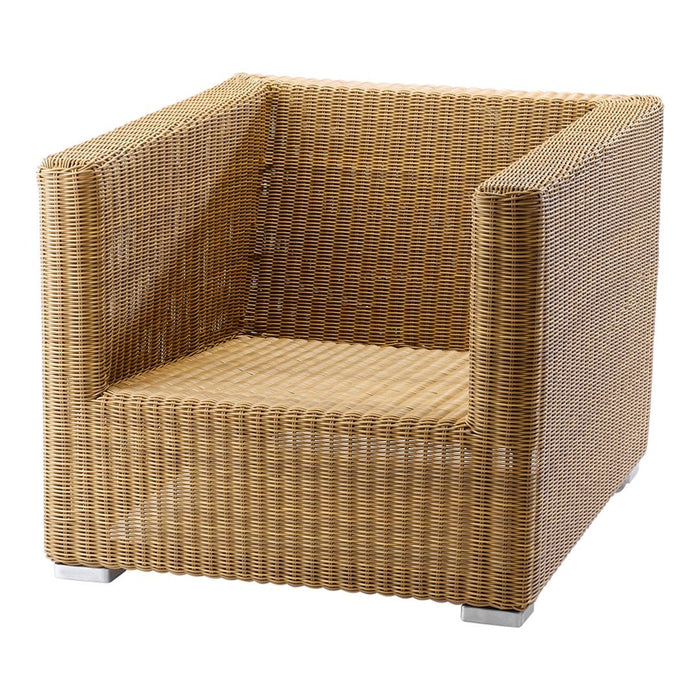 Textured tan wicker armchair with a square frame and minimalistic design, featuring subtle brown and beige tones.