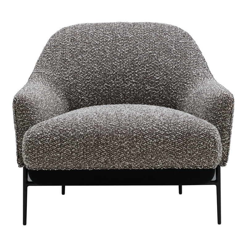 Textured gray armchair featuring a soft, boucle fabric and sleek black metal legs for modern decor.