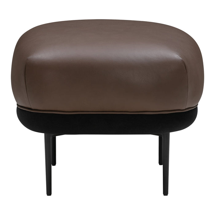Brown leather ottoman with a sleek black base and modern, rounded design. Suitable for contemporary decor.