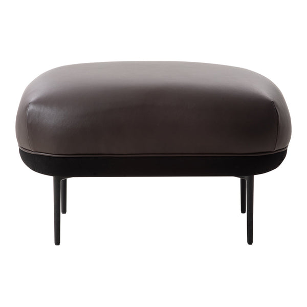 Brown leather ottoman with smooth finish and black metal legs, showcasing a minimalist design and modern elegance.