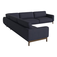Navy blue sectional sofa with a modern design and clean lines, featuring a smooth fabric texture and minimal patterns.