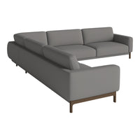 Gray sectional sofa with clean lines and subtle texture, featuring a modern design and sleek wooden legs.