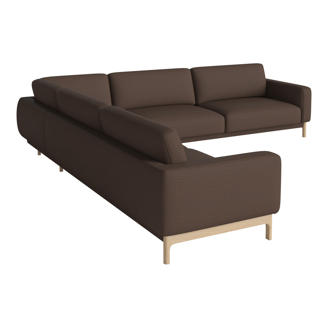 Dark brown sectional sofa with a minimalist design and light wooden legs, perfect for modern living spaces.