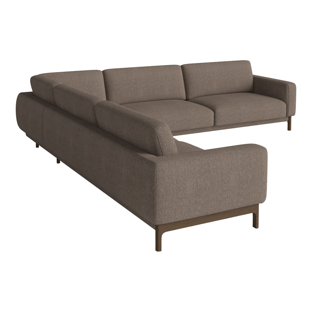 "Modern sectional sofa in a warm brown fabric with a smooth, minimalist design and clean lines."
