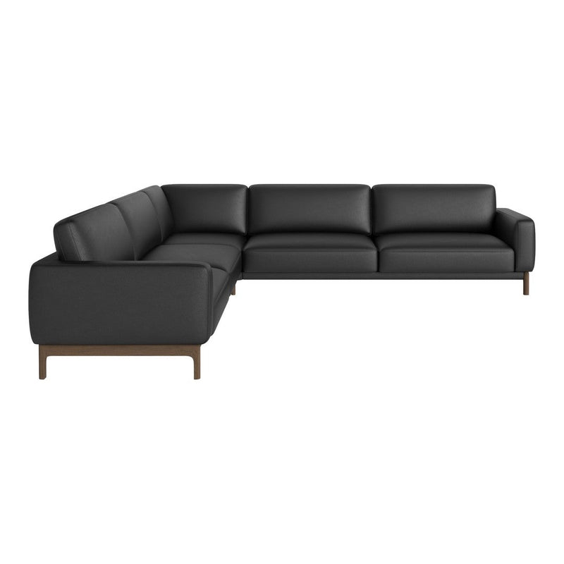 Contemporary black sectional sofa with smooth leather upholstery and wood accents. Perfect for modern living spaces.