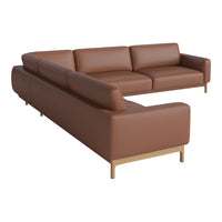 Modern brown leather sectional sofa with smooth surfaces and sleek wooden legs. Perfect for contemporary interiors.