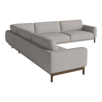 Light gray modern sectional sofa with clean lines and subtle texture, featuring dark wood legs for contrast.