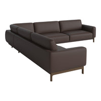 Brown leather sectional sofa with a smooth, contemporary design and clean lines, perfect for modern living spaces.