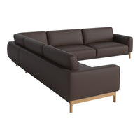 Brown leather sectional sofa with a minimalist design and light wooden legs, featuring a sleek, modern look.