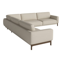Beige sectional sofa with clean lines and textured fabric, featuring a minimalist design and dark wooden legs.