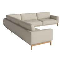 Beige sectional sofa with clean lines and a minimalist design, featuring a solid wood base and upholstery in a neutral tone.