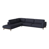 Navy blue sectional sofa with smooth fabric and minimalist design, featuring solid wood legs for a modern touch.