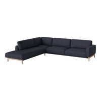Dark navy sectional sofa with a minimalist design and smooth fabric, accented by light wooden legs.