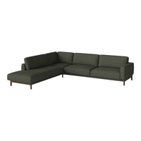 Dark green sectional sofa with a modern design and smooth, minimalist upholstery, perfect for stylish interiors.