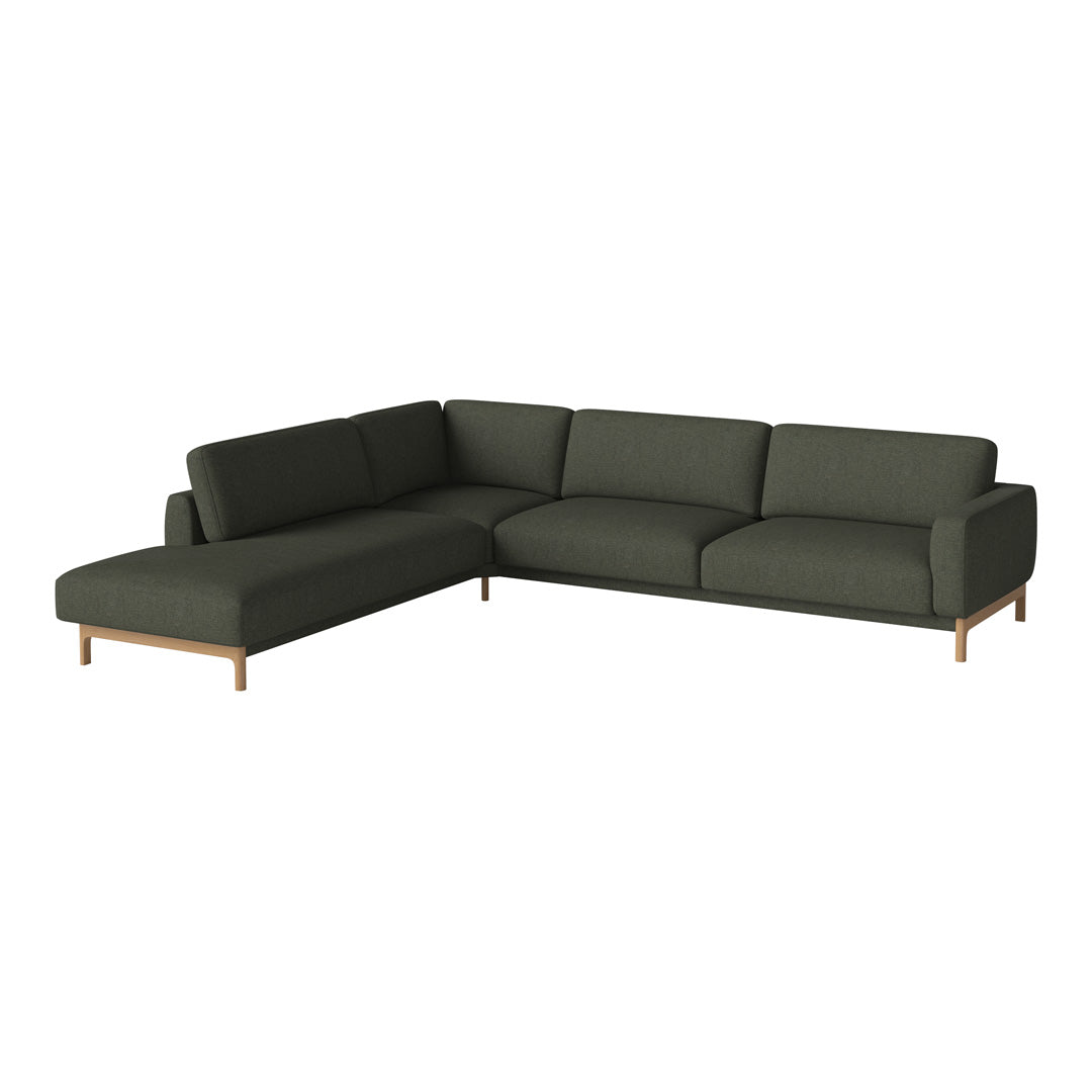 Dark green sectional sofa with clean lines and a modern design, featuring a subtle texture and natural wooden legs.