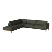 Dark green sectional sofa with clean lines and a modern design, featuring a subtle texture and natural wooden legs.
