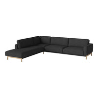 Stylish dark gray sectional sofa with smooth fabric and light wood legs, perfect for modern living spaces.