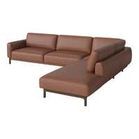 Brown leather sectional sofa with a smooth texture and minimalist design. Perfect for modern living spaces.