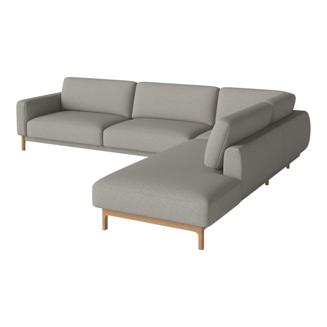 Light gray fabric sectional sofa with clean lines and wooden legs, featuring a modern, minimalist design.