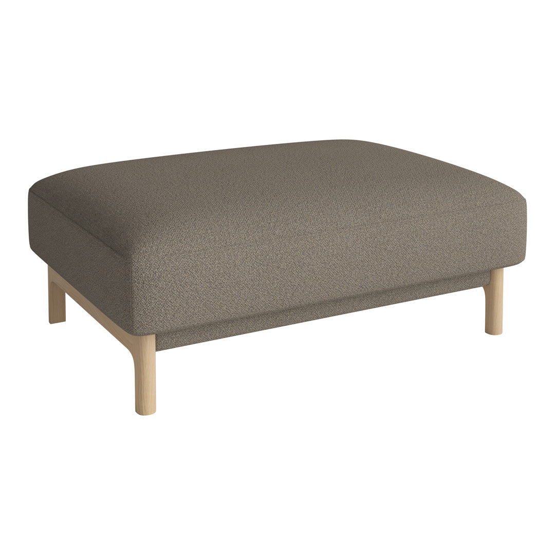 Gray upholstered ottoman with a smooth texture and light wooden legs. Modern, minimalist design without patterns.
