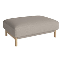 Light gray upholstered ottoman with a textured fabric and natural wood legs. Modern and minimalist design.