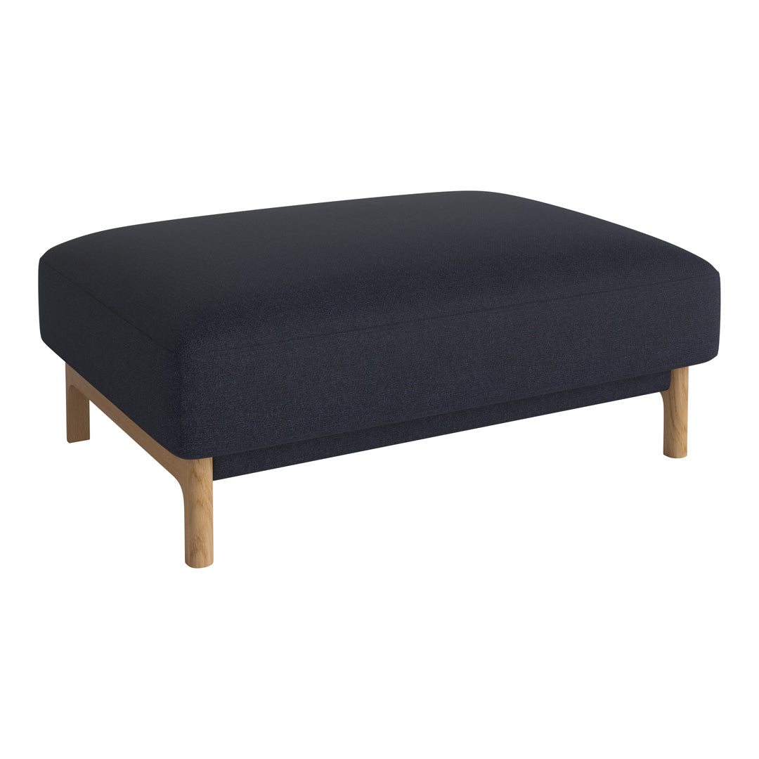Navy blue ottoman with a smooth fabric surface and natural wood legs, offering a modern, minimalist look.
