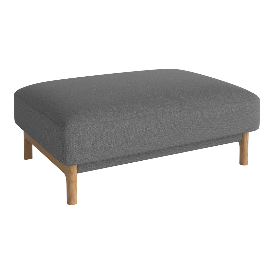Gray ottoman with a smooth fabric surface and natural wood legs, perfect for modern home decor.